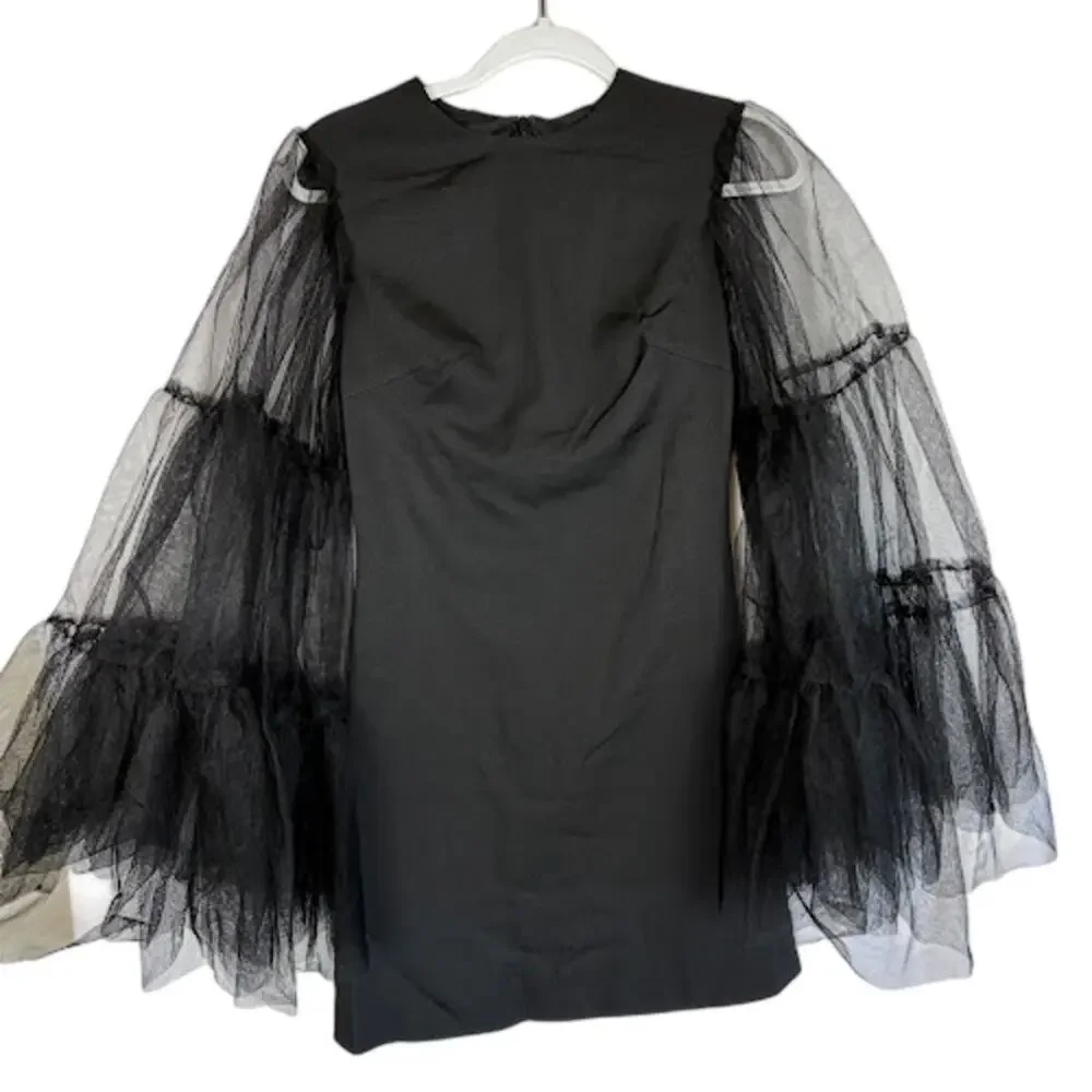 NWT Lena by Mac Duggal 49612 Mini Dress High Neck Flared Sleeve‎ Black Sz 0 $358
